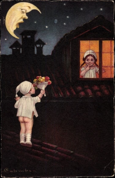 Artist PC Colombo, E. Lovers, bouquet of flowers, face of the moon