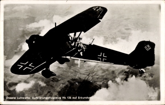Postcard German Air Force, reconnaissance aircraft Henschel Hs 126 on a reconnaissance flight, WWII