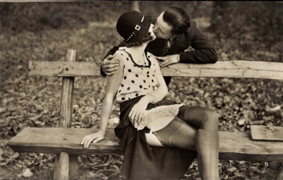Photo Postcard lovers, meeting in the park, kiss, underwear, stockings