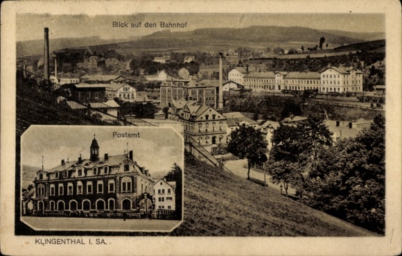 Ak Klingenthal in Vogtland Saksen, algemeen uitzicht, treinstation, postkantoor