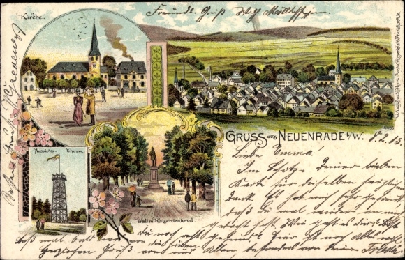 Chromo-Litho Neuenrade in the Sauerland, observation tower, church, wall, total view of the village