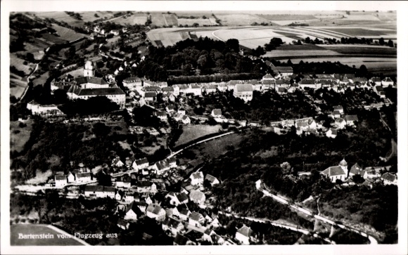 Postcard Bartenstein Schrozberg in Württemberg, aerial view of rural surroundings, houses, church