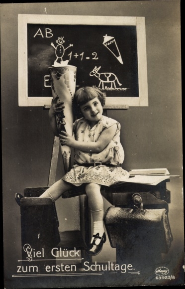 Postcard congratulations on starting school, girl with sugar bag, school board