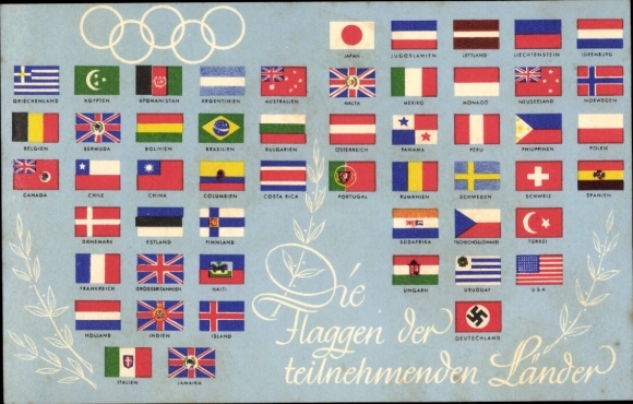 Postcard Olympia Berlin 1936, flags of the participating countries