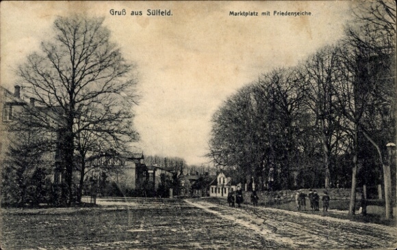 Postcard Sülfeld in Holstein, market square with peace oak