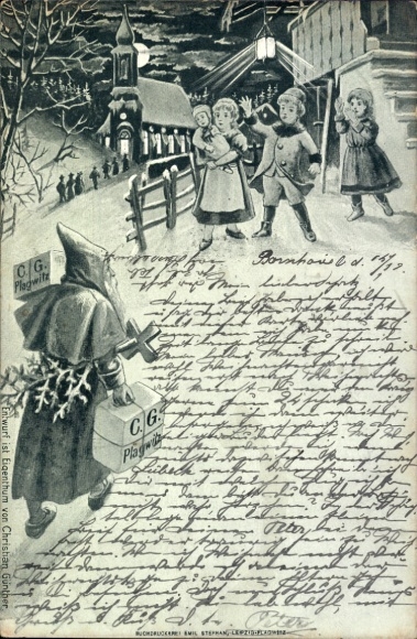 Litho Weihnachtsmann, Pakete, Kinder, Kirche