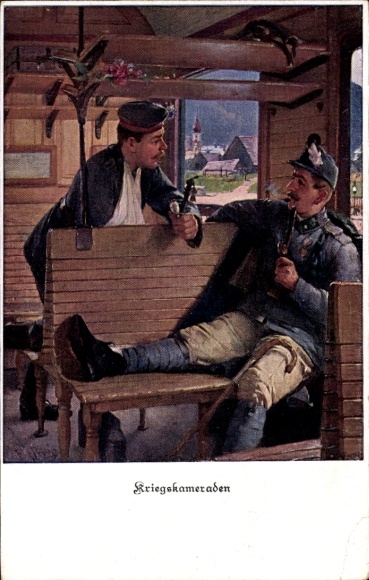 Künstler Ak Kriegskameraden, Zwei rauchende Soldaten in einem Bahnabteil, Österreicher