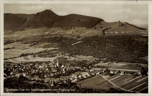 Postcard Bissingen an der Teck, aerial photography, gliding field