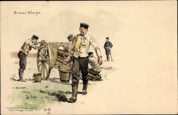 Artist Chromo-Litho Becker, C., Large wash, soldiers clean gun