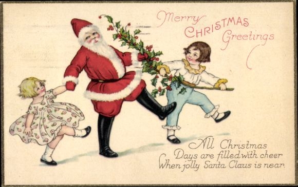 Ak gefeliciteerd Kerstmis, Kerstman, kinderen, hulst