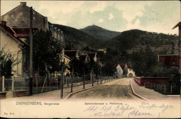 Postcard Zwingenberg on Bergstrasse in Hesse, Bahnhofstrasse, Melibokus