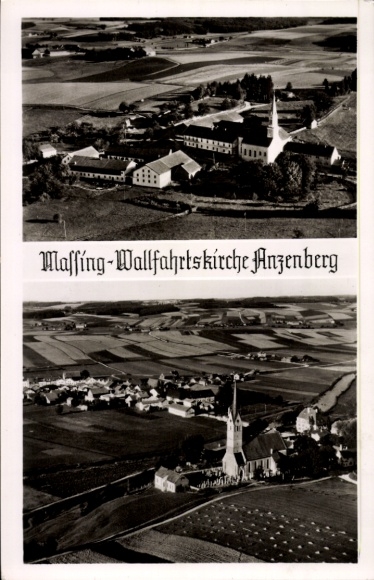 Postcard Anzenberg Massing in the valley of the Rott Lower Bavaria, aerial photograph, Maffing pilgrimage church