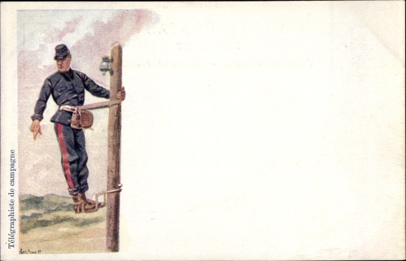 Artist Postcard Telegraphiste de campagne, Soldier on a telegraph pole