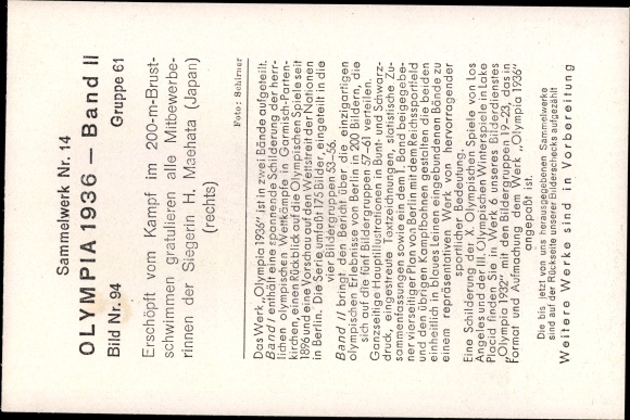Collection picture Olympia 1936, swimmers, winner H. Maehata