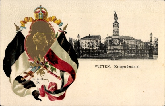 Präge Passepartout Ak Witten an der Ruhr, Kriegerdenkmal, Portrait Kaiser Wilhelm II., Fahnen