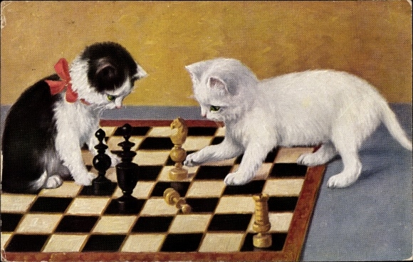 Artist Postcard Chess playing cats