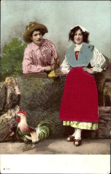 Embossed fabric Postcard man and woman in costume, rooster