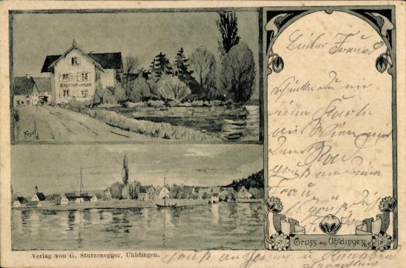 Artist Postcard Uhldingen Mühlhofen am Bodensee, Panorama, Gasthof zur Krone