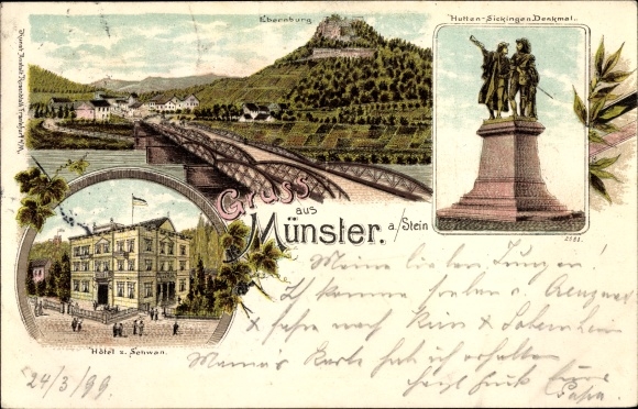 Chromo-Litho Bad Münster am Stein Ebernburg Bad Kreuznach, Hotel zum Schwan, Hutten Sickingen monument