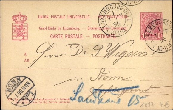 Postwaardestuk ansichtkaart Luxemburg, Wereldpostunie, Groothertogdom Luxemburg, 10 cent