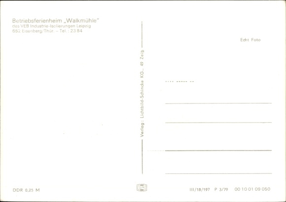 Postcard Eisenberg in Thuringia, company holiday home Walkmühle of the VEB industrial insulation Leipzig