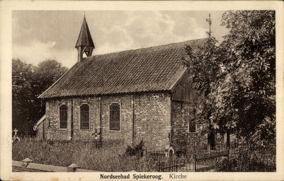 Postcard North Sea resort Spiekeroog in East Frisia, church