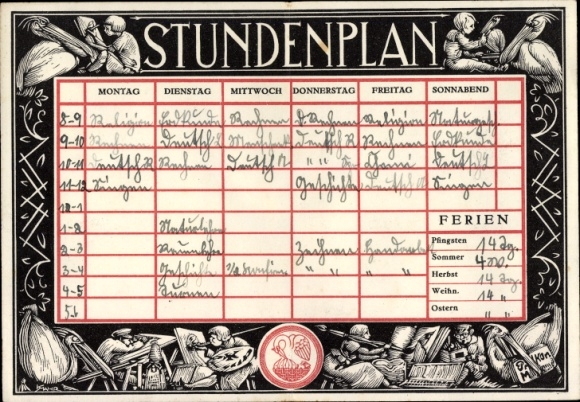 Timetable PELIKAN color box, Günther Wagner Hanover and Vienna, boy on Pelikan around 1920