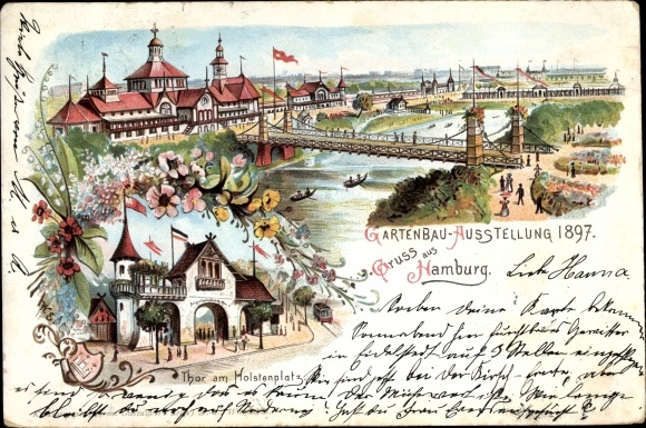 Chromo-Litho Hamburg Mitte Altstadt, horticultural exhibition 1897, gate at Holstenplatz