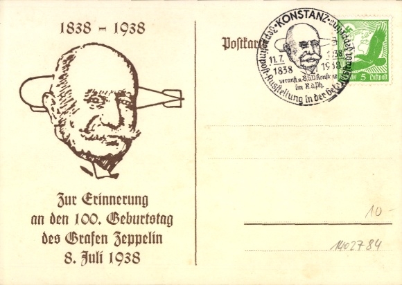 Postkaart 100e geboortedag van Graaf Zeppelin, 1938