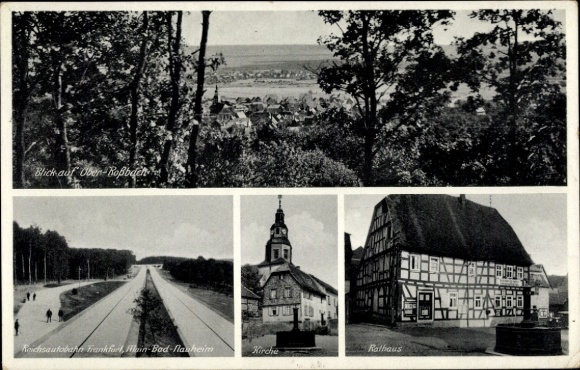 Postcard Ober Rosbach am Taunus, valley view to the village, church, town hall, Reichsautobahn
