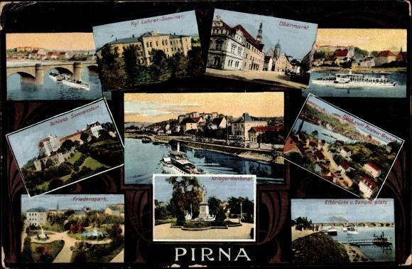 Ak Pirna in Saksen, salonboot, seminar, Peace Park, kasteel Sonnenstein, Obermarkt, monument