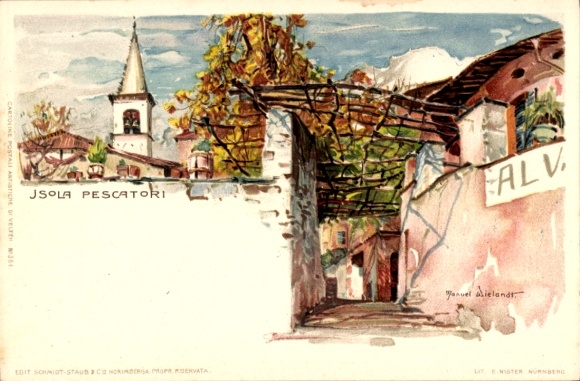 Kunstenaar litho Wielandt, Manuel, Isola Pescatori Lago Maggiore Piemonte, steegje