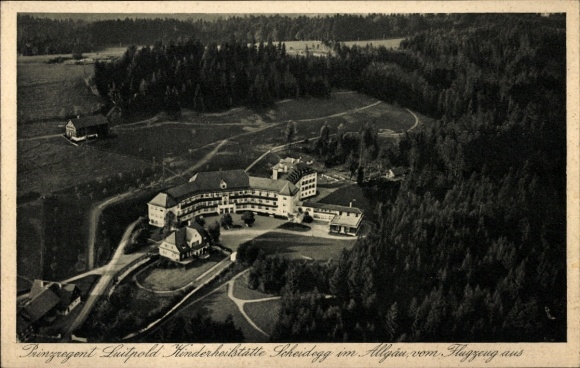 Postcard Scheidegg in Allgäu Swabia, Prince Regent Luitpold Children's Sanatorium, aerial photograph