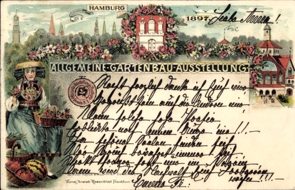 Chromo-Litho Hamburg, General Horticultural Exhibition 1897, Vierländerin in traditional costume