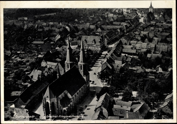 Ak Duderstadt Eichsfeld, Fliegeraufnahme, Marktstraße, Rathaus, Cyriacuskirche