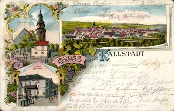 Chromo-Litho Kallstadt in the Palatinate, protest. Church, town hall, fountain, panorama