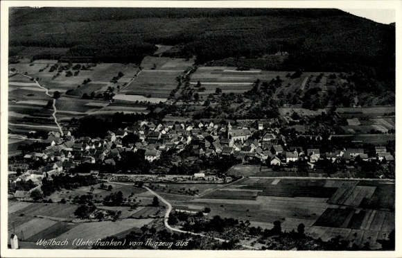 Postcard Weilbach in the Odenwald Lower Franconia Bavaria, aerial view of Weilbach, Lower Franconia, village view