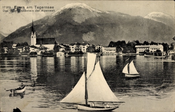 Ak Egern am Tegernsee Oberbayern,  Segelboote, Kirche, Alpenlandschaft