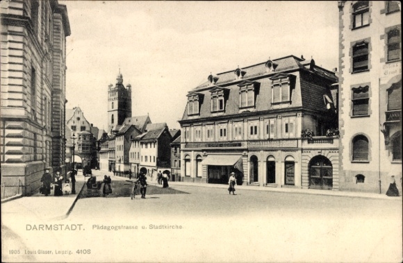 Postcard Darmstadt in Hesse, Pädagogstraße, City Church