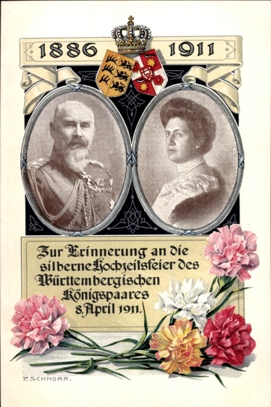 Artist Postcard Schnorr, King Wilhelm II of Württemberg, Queen Charlotte, Silver Wedding 1911, Coat of Arms
