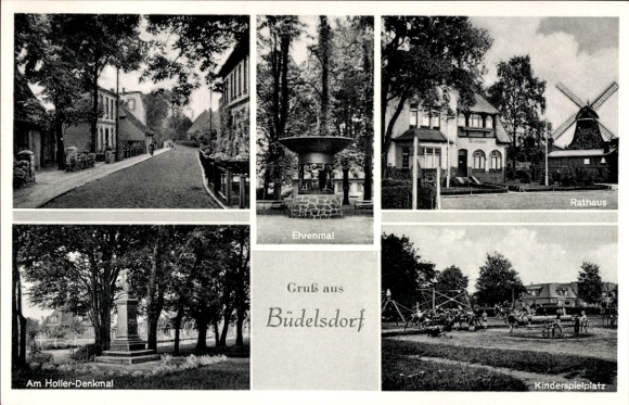 Ak Büdelsdorf in Schleswig Holstein, Am Holler-Denkmal, Ehrenmal, Rathaus, Kinderspielplatz, Gruß