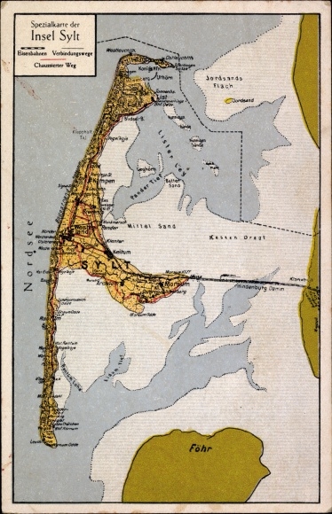 Maps Postcard Sylt in North Friesland, Foehr, North Sea, Hindenburgdamm