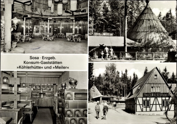 Postcard Sosa Eibenstock in the Ore Mountains, consumer restaurants Meiler and Köhlerhütte