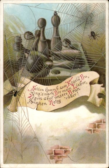 Chromo-Litho bowling, sport, spiders, cobwebs, you rarely get to go bowling...