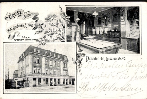 Postcard Dresden Neustadt, Restaurant Zum goldenen Anker, owner Gustav Eichhorn, Leipziger Str. 45, Billiards