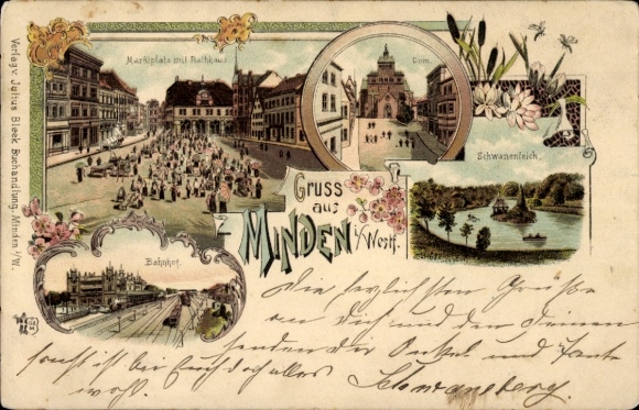 Chromo-Litho Minden in Westphalia, market square with town hall, cathedral, train station, swan pond