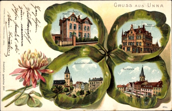 Klaverblad litho Unna in Westfalen, marktplein, Bahnhofstrasse, meisjesmiddelbare school