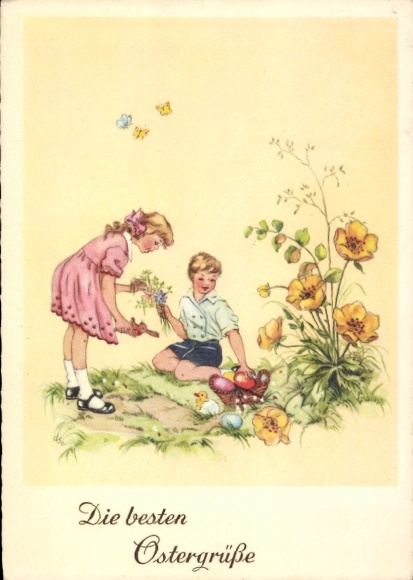 Postcard Congratulations Easter, children, Easter eggs