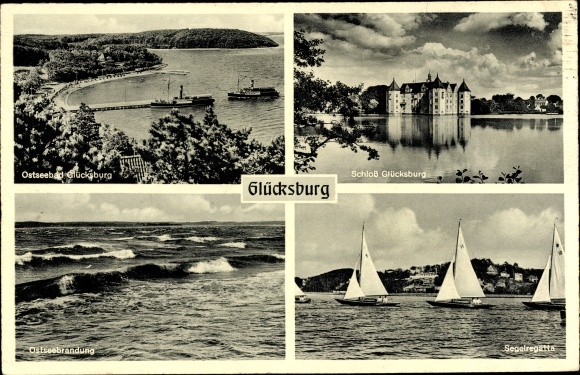 Postcard Glücksburg on the Baltic Sea, castle, sailing regatta, surf