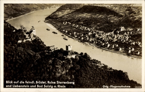 Ak Bad Salzig Boppard am Rhein, Fliegeraufnahme, feindl. Brüder, Ruine Sterrenberg und Liebenstein